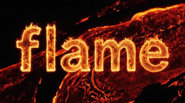 Text FLAME made from burning fire letters on hot lava background. Dynamic glowing word illustration for headlines or titles. Dynamic inferno typography on molten magma surface.