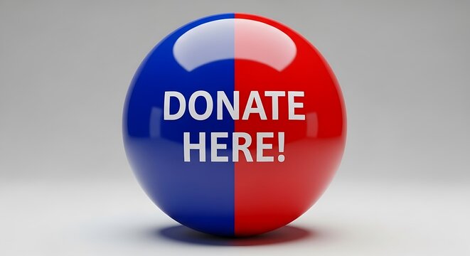 Blue and red glossy sphere with DONATE HERE text