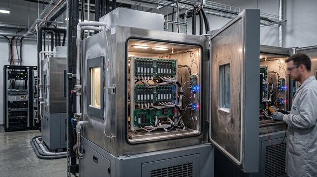 Thermal chambers surrounding NVMe test racks showcasing SSDs undergoing endurance testing under controlled temperature conditions.