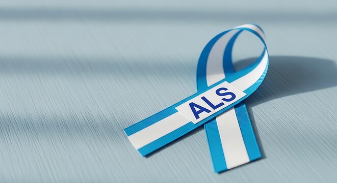 Blue and white ALS awareness ribbon on light blue background