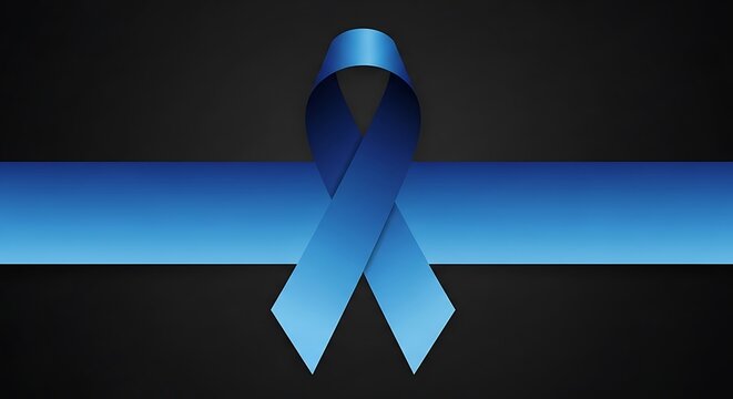 Blue awareness ribbon and stripe on dark grey background