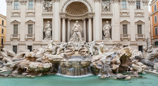 The Trevi Fountain in Rome, Italy, a Baroque masterpiece and iconic landmark, with its intricate sculptures and flowing water, attracting tourists worldwide.