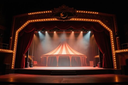 Circus tent on empty theatre stage under spotlights. Red curtains frame the scene. Vintage lights and fog create a dramatic atmosphere. Entertainment performance background.