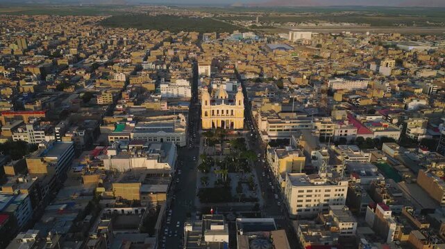Aerial View of Chiclayo Monumental Downtown, Plaza Mayor and St. Mary&rsquo;s Cathedral in Lambayeque, Peru, Associated with Pope Leo XIV
