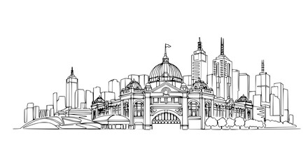 Obraz premium Melbourne Skyline Doodle Art: Iconic Architecture Sketch with Federation Square