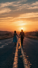 Fototapeta premium Romantic Sunset Stroll: Couple Walking Hand in Hand on an Open Road, Embracing Adventure and Nature's Beauty