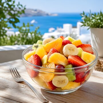 Macedonia de frutas en una terraza con vistas al mar