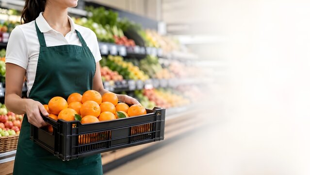 Trabajadora de fruter&iacute;a de supermercado llevando caja de naranjas