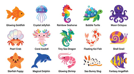Collection of cute and colorful cartoon sea creatures with their names labeled below each illustration. © GJ