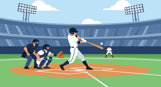 Action scene from a baseball game with a batter in white uniform swinging at a pitch while the catcher and umpire watch in a stadium.