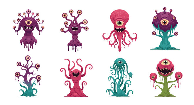 Diverse collection of creepy pixel art monsters and alien creatures features multiple eyes and tentacles in vibrant colors.