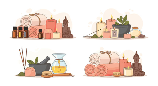 Selection of spa and wellness items such as candles, oils, incense, and a brown buddha statue creates a relaxing atmosphere.