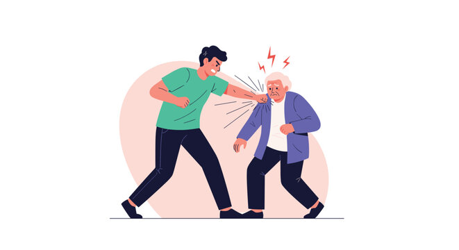 Aggressive young man attacks a helpless elderly person during a violent physical conflict while expressing extreme anger.