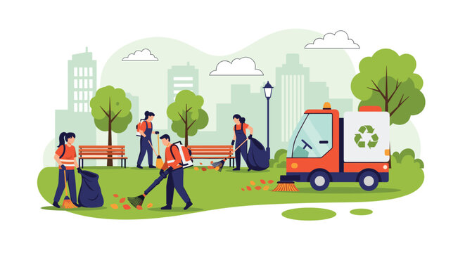 Team of janitors cleaning autumn park with rakes, leaf blowers, and specialized waste collection vehicle in city environment.