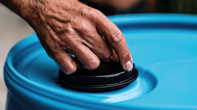 Water barrel seal hand closeup blue drum storage container check safety cover seal weathered hand natural light shallow depth field copy space