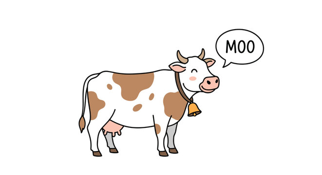 Cute spotted cow character with a bell around its neck saying moo in speech bubble isolated on white background for farm theme.