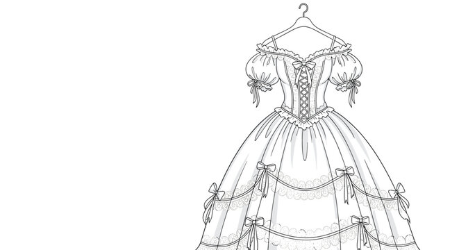 Detailed black and white sketch of an ornate victorian style ball gown on a hanger featuring ruffles bows and a corset bodice.