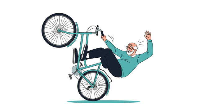 Senior man with a white beard loses balance and falls off his bicycle while trying to perform a wheelie on a plain white background.