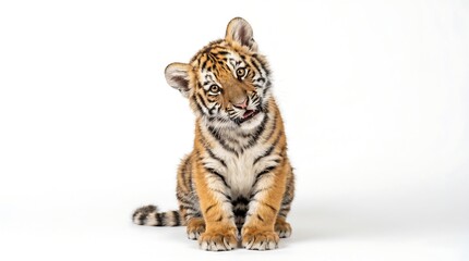 Obraz premium Adorable baby tiger cub sitting isolated on a white background.
