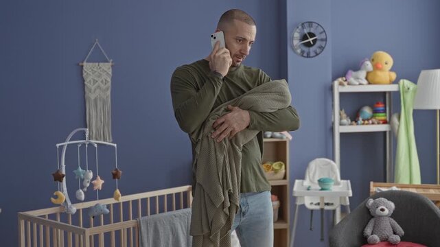 Man cradling swaddled baby and holding smartphone to ear in blue nursery building; parenting concern.