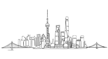 Fototapeta premium Modern City Skyline Outline Drawing, Shanghai Pudong Architecture, Business Center