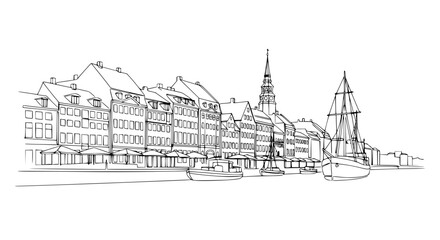 Fototapeta premium Hand-drawn sketch of Copenhagen Nyhavn canal with colorful buildings and sailboats