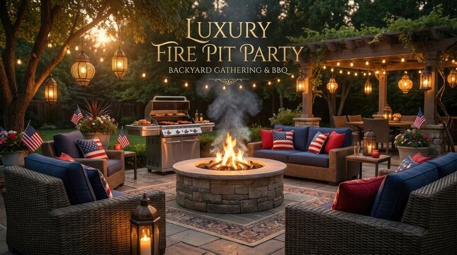 Independence day backyard bbq luxury fire pit party with american flags and grill