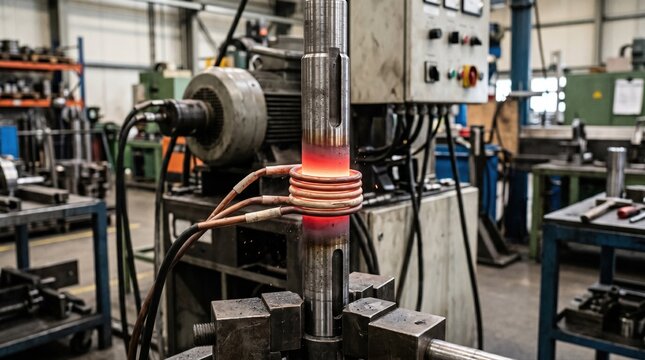 Medium shot of a pump shaft undergoing induction hardening with focused glowing heat areas and machinery in the background highlighting precision wear resistance treatment.