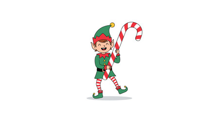 Fototapeta premium Cheerful Christmas elf character dressed in green and red festive outfit carrying a giant striped candy cane on white background.