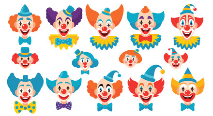 Fototapeta premium Diverse set of comical clown faces with colorful wigs hats and different funny makeup expressions for circus and festive events.