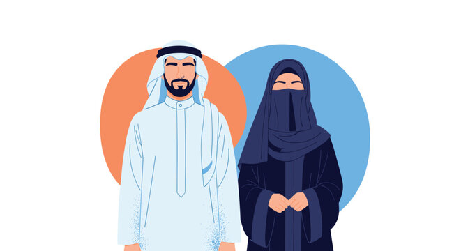 Traditional Middle Eastern couple portrait with man in white thobe and woman in black abaya and niqab against colorful circles.