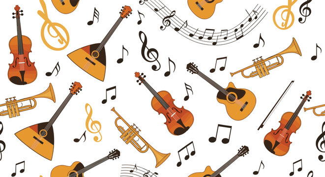 Musical instrument seamless pattern featuring violins acoustic guitars trumpets and musical notes scattered on a white background.