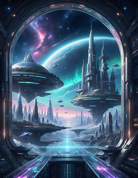 Futuristic alien city view from a space station window.