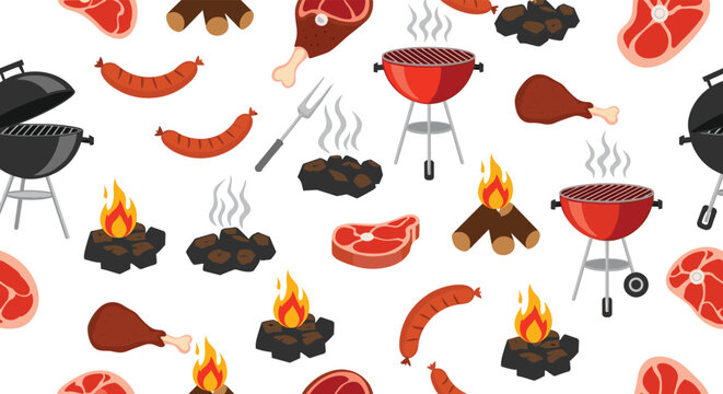 Seamless barbecue pattern with charcoal grills fire pits grilled meat sausages and chicken legs on a clean white background.