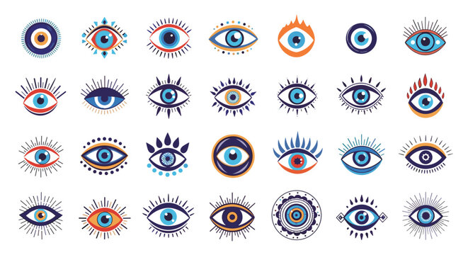 Set of different artistic evil eye amulets and nazar protection symbols in various blue and orange colors for spiritual belief.