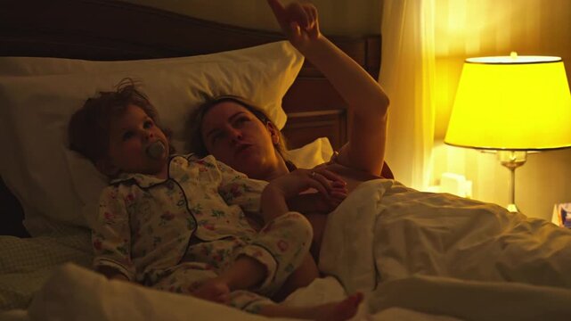 Young mother lying in bed with her toddler in pajamas, telling a bedtime story with expressive hand gestures under the warm light of a bedside lamp for a peaceful night routine
