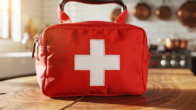 Red first aid kit on wooden table showcasing contemporary design and abstract concepts