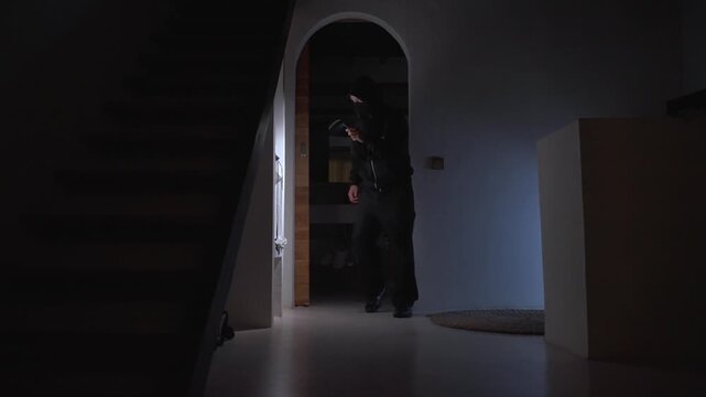 Burglar searching for valuables inside a dark house