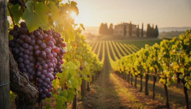 A cluster of ripe red grapes in the foreground of a scenic vineyard in Tuscany, Italy, at sunset with a rustic farmhouse in the background.