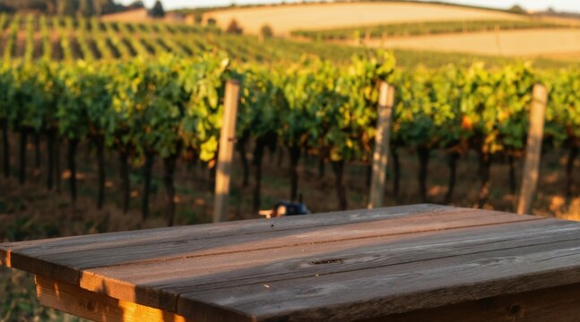 Wooden table sits in vineyard at golden hour. Rows of grapevines stretch into distance. Warm light illuminates rustic scene, perfect for wine tasting.