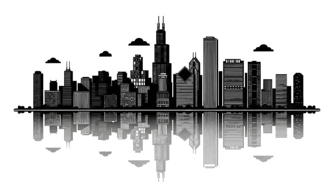 Minimal black silhouette icon, simple flat vector, bold black shape, no, no shading chicago city skyline silhouette with reflection on water on a, flat icon style