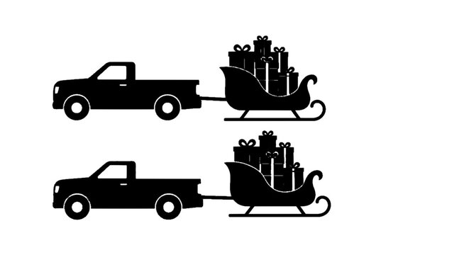 Minimal black silhouette icon, simple flat vector, bold black shape, no, no shading pickup truck pulling a christmas sleigh with gifts on a, flat icon style