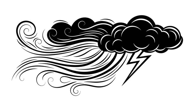 Stylized black storm cloud with lightning bolt and powerful wind swirls, isolated vector illustration of adverse weather