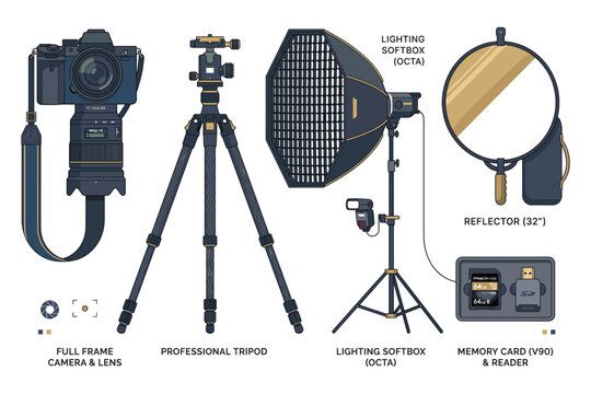 Full frame camera, professional tripod, lighting softbox, reflector, memory card vector illustration.