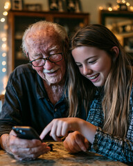 Fototapeta premium Technology Bridging Generations: Elderly Grandfather and Granddaughter Joyfully Engaged with Smartphone Indoors