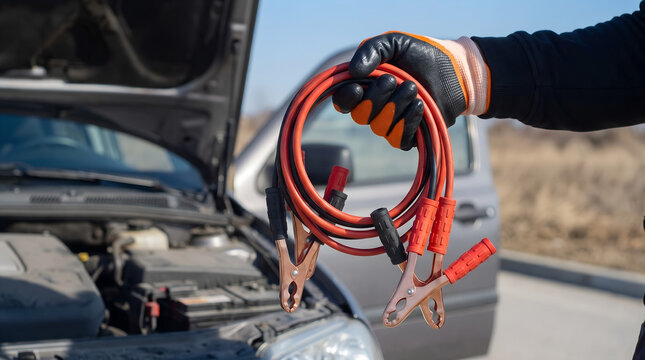 Close up of hand in glove holding jumper cables with car battery and open hood in background