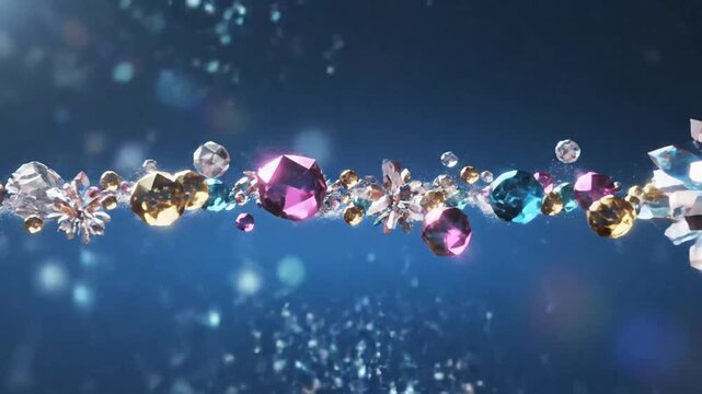 Colorful faceted crystals sparkling on a dark blue abstract background