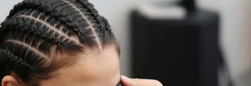 Close-up on dark hair being braided into neat cornrows. Stylist sections hair creating neat parallel lines. Focus on detail texture and pattern.