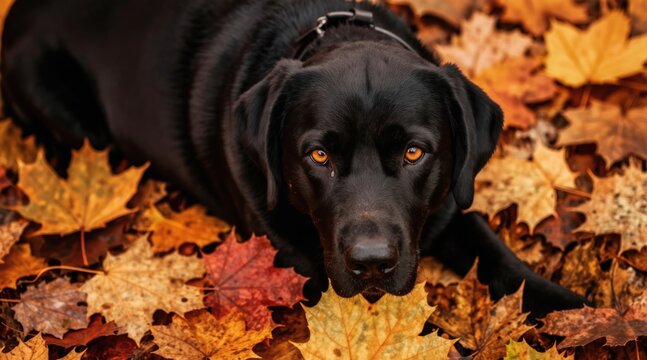 Black labrador dog lies in pile of colorful autumn leaves. The pet gazes intently with warm amber eyes. Fall season is perfect for canine outdoor recreation and enjoyment.