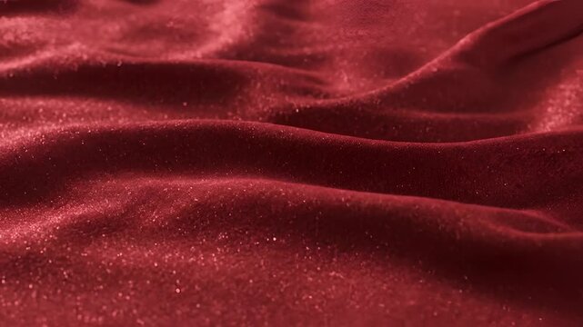 Closeup of flowing deep red velvet fabric with subtle sparkle.